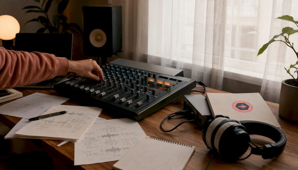 Hands adjusting mixing console in home studio