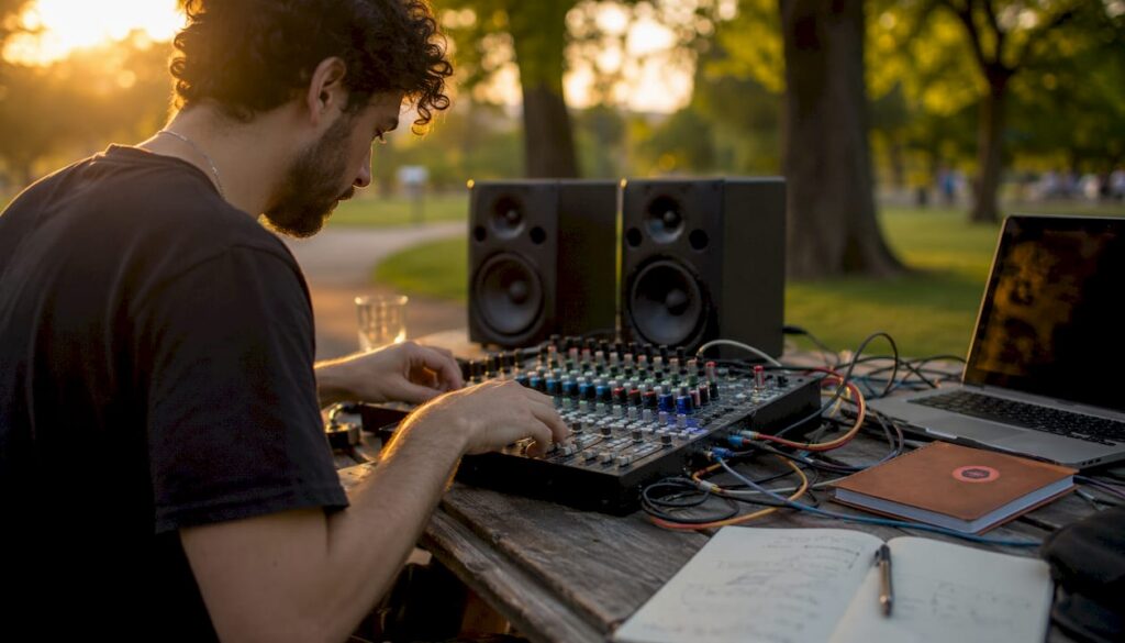 Audio engineer adjusting mixing console knobs