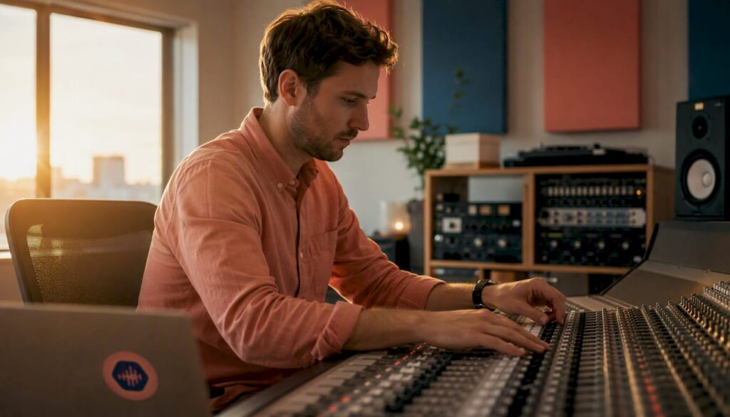 Hands adjusting knobs on mastering studio console