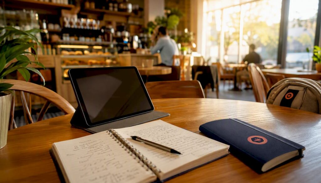Workspace with approval email draft and devices