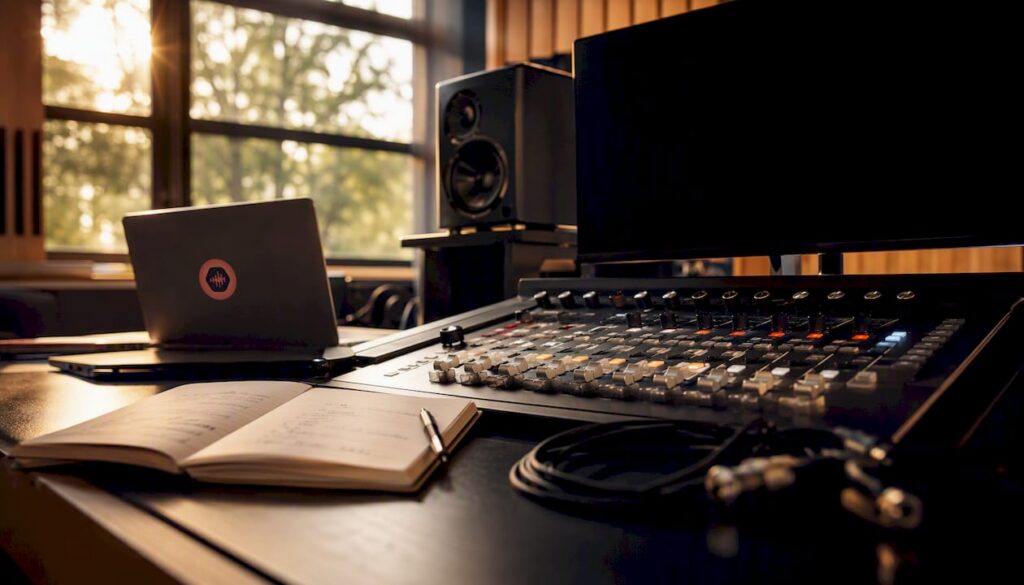 Audio production studio mixing console top view
