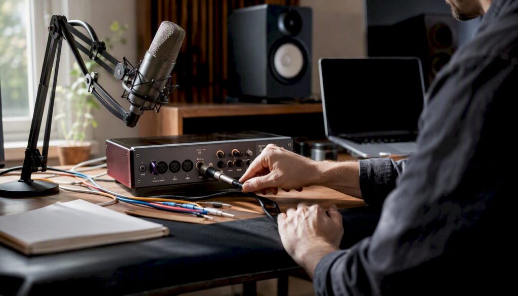 Hands connecting a microphone cable to audio interface