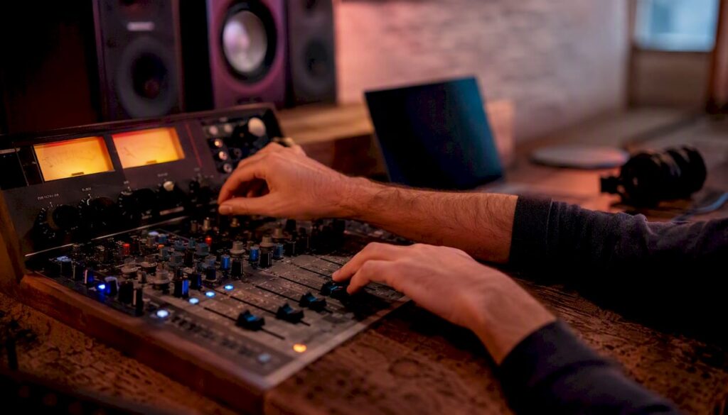 Hands adjusting mixing console in studio