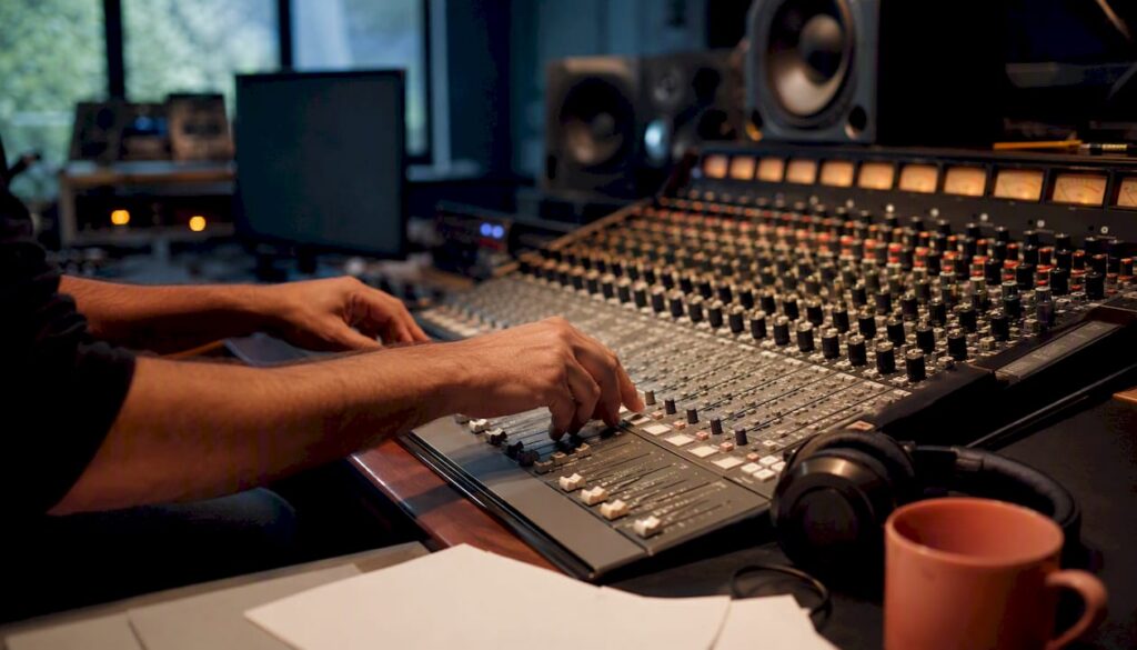 Hands adjusting mixing console fader