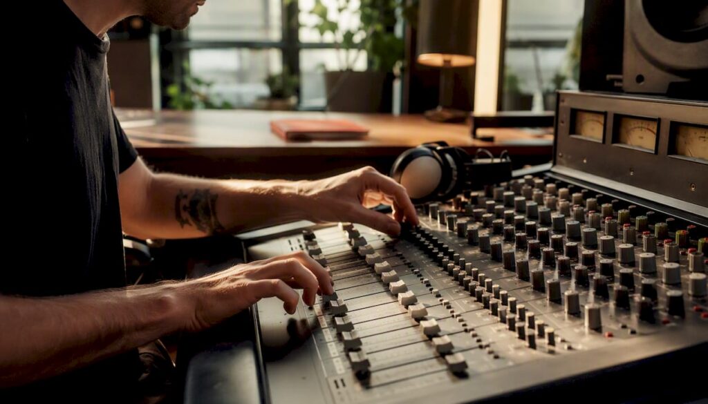 Hands adjusting mixing console controls