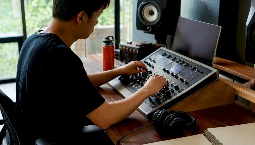 Hands adjusting mastering gear in studio