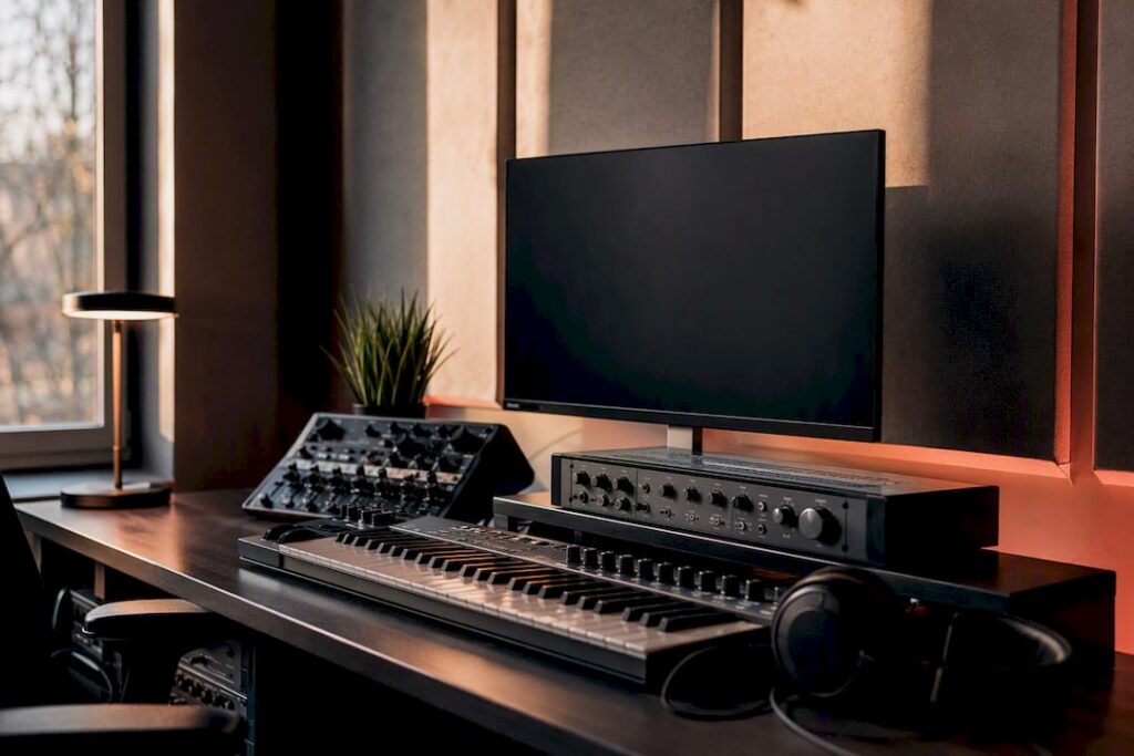Post-production studio desk with headphones and audio interface