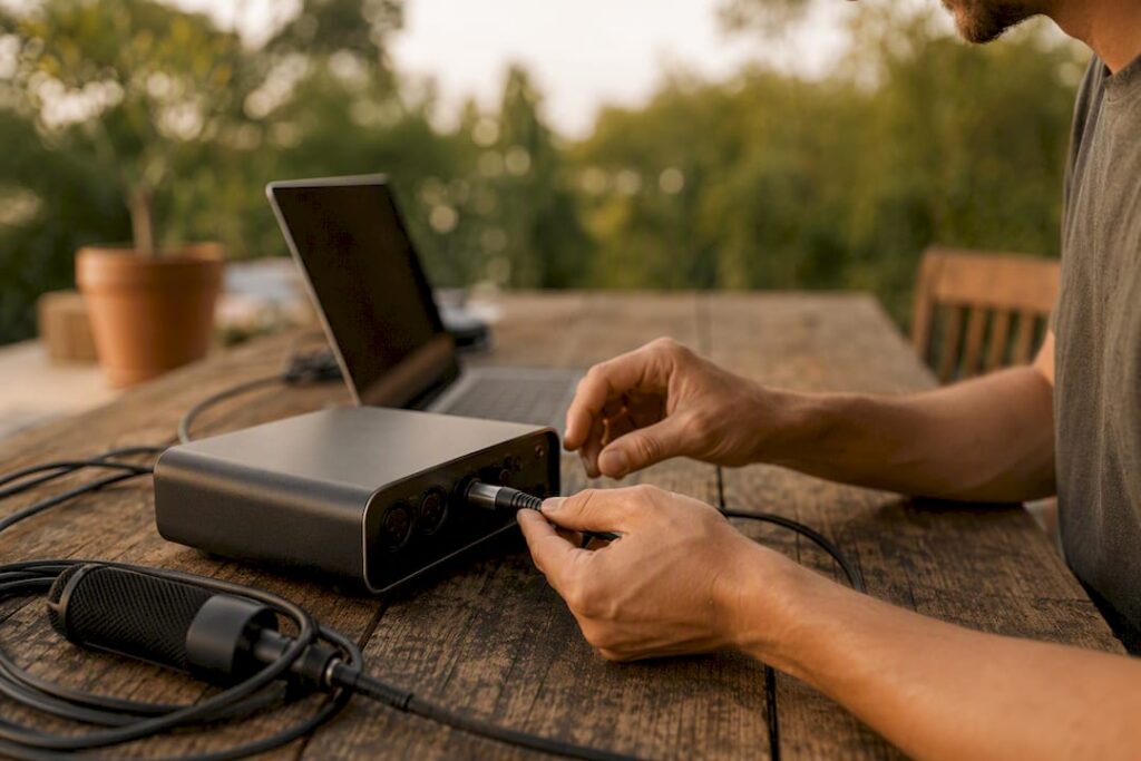 Hands connecting audio cable at studio desk