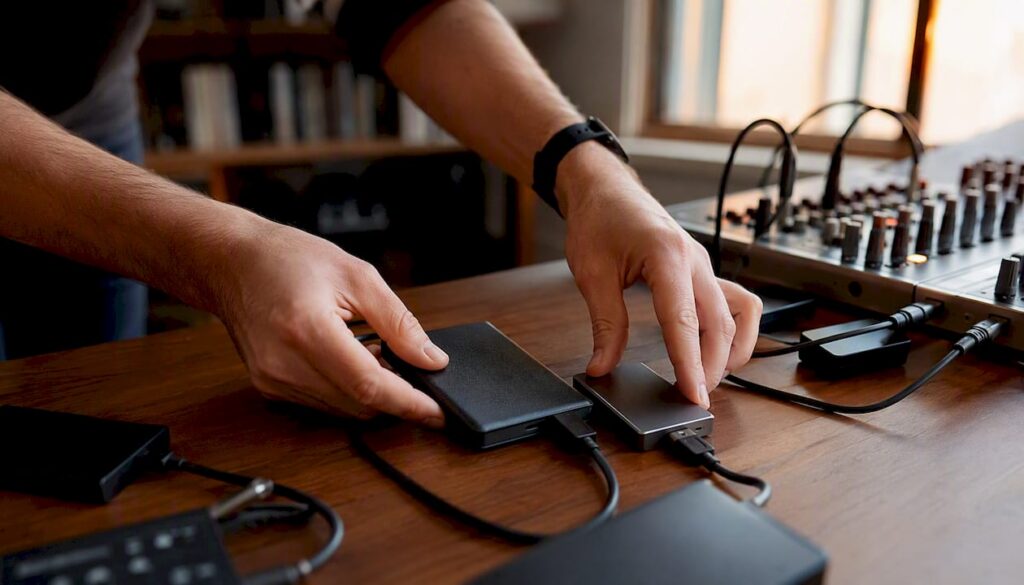 Hands organizing backup drives for audio projects