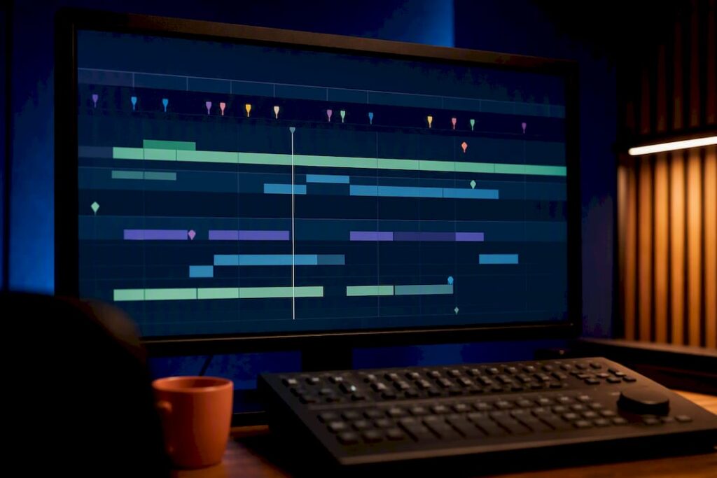 Spotting timeline in audio post-production bay