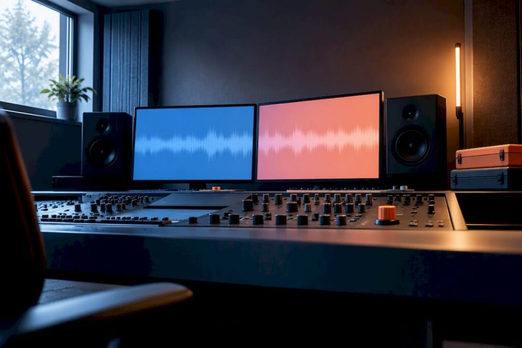 Mastering workstation displaying finished audio waveforms