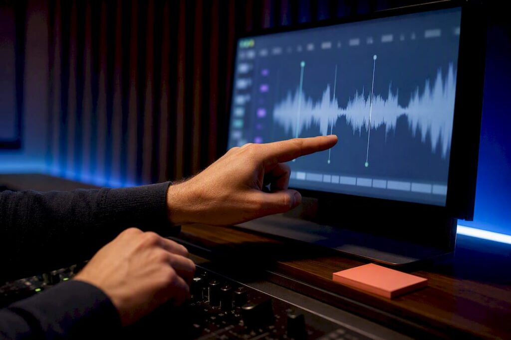 Mix engineer reviewing timestamped audio feedback