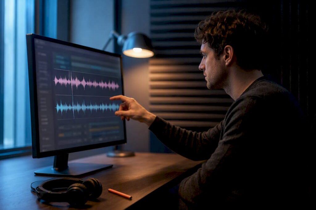 Audio editor reviewing a version comparison