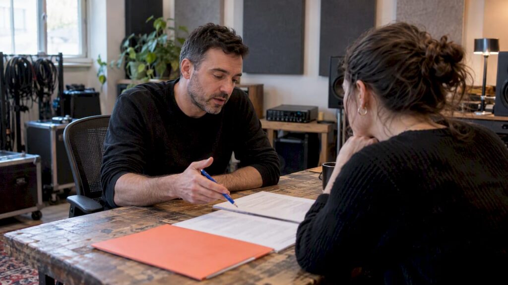 Studio owner reviewing payment terms with client