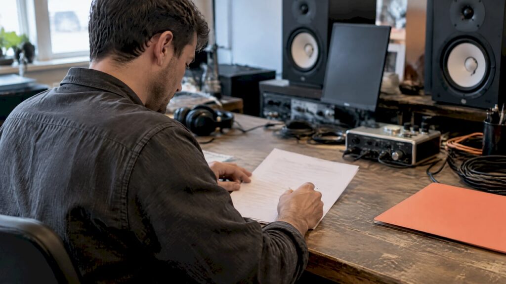 Producer reviewing a client brief in studio
