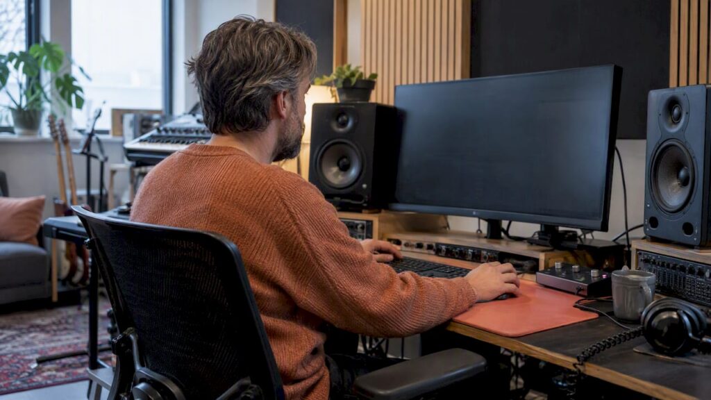 Audio producer reviewing multiple studio projects