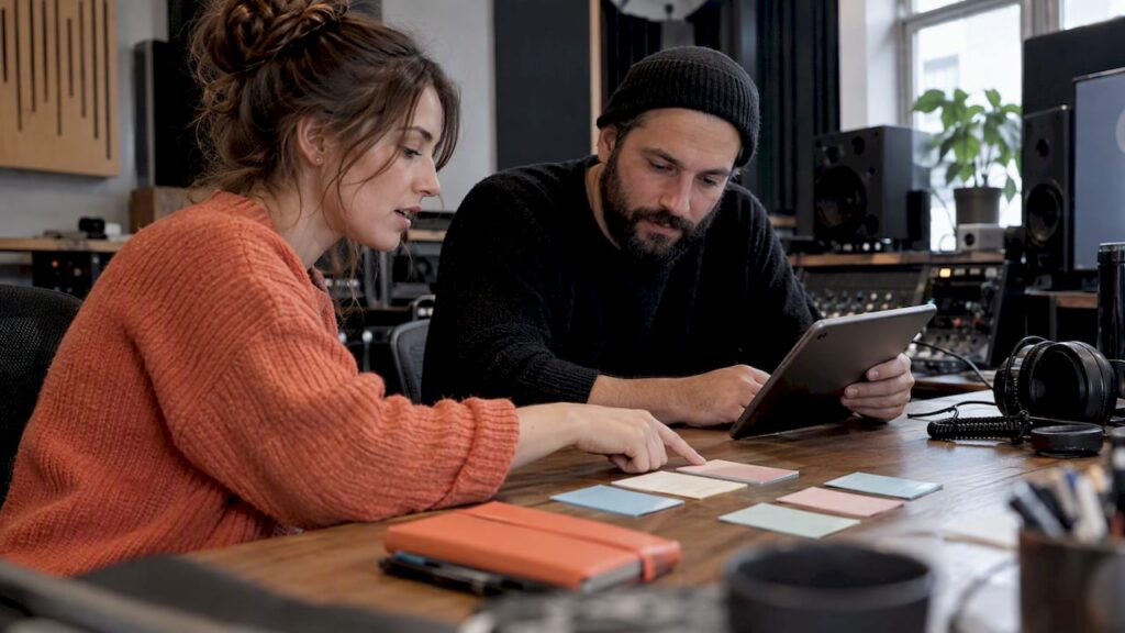 Audio professionals reviewing a project change