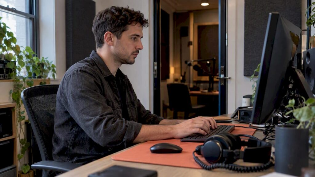 Producer organizing exported podcast episode files
