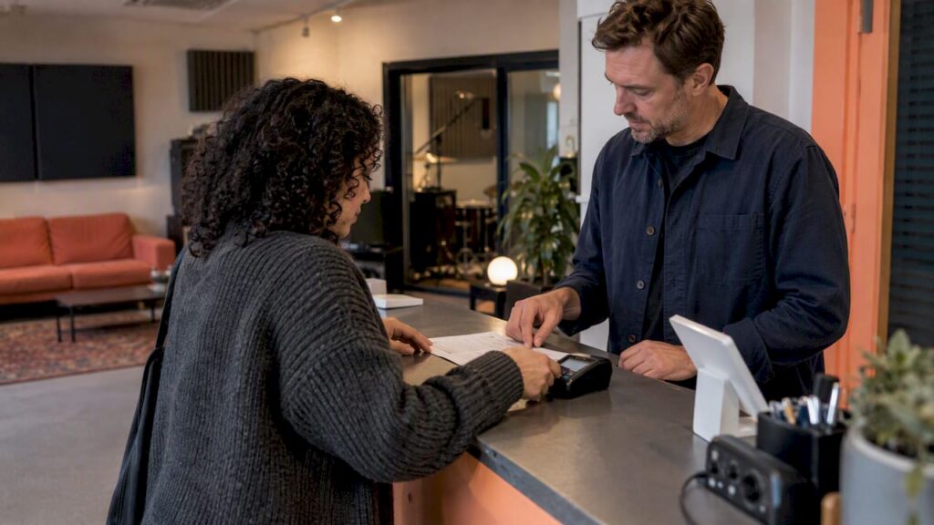 Client reviewing studio deposit terms before payment