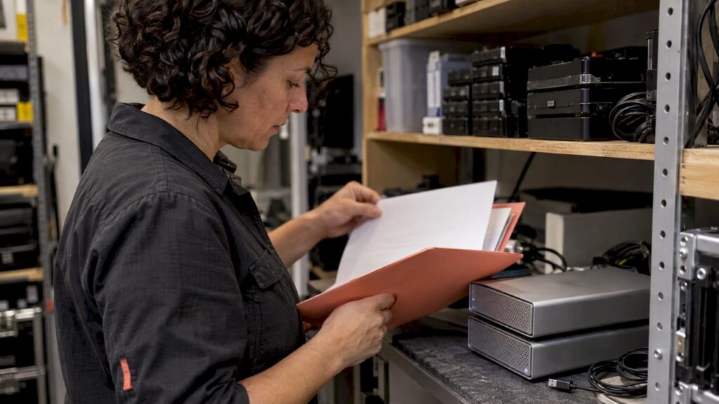 Studio owner reviewing policy beside archive drives