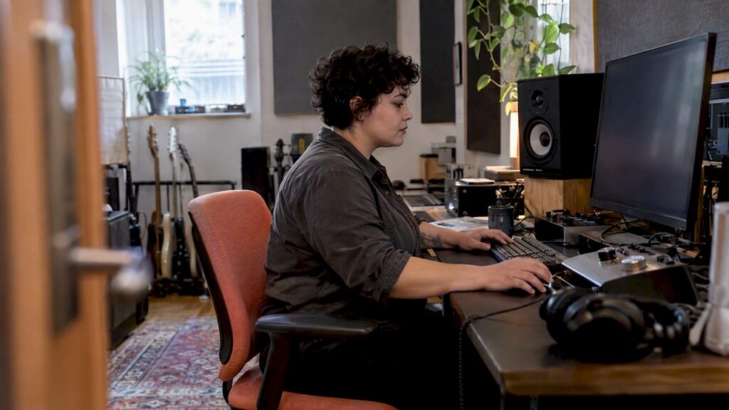Audio engineer configuring a studio file request portal