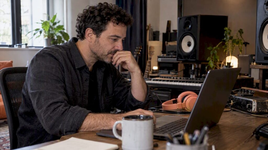 Studio owner checking collaborator access at workstation